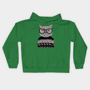 Grey Kitty Ugly Christmas Sweater Kids Hoodie